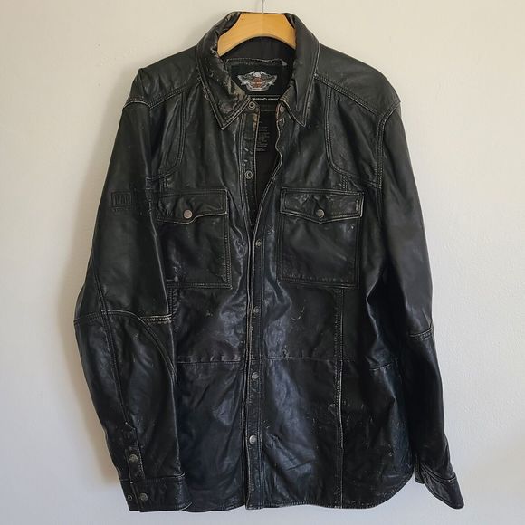 Harley-Davidson Other - Harley Davidson Goatskin Leather Shirt Jacket Black Distressed Snap Button